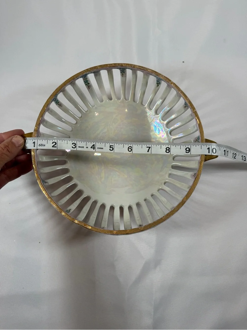 Vintage Reticulated Lattice Footed Fruit Bowl, Dresden-Style, Luster Glaze